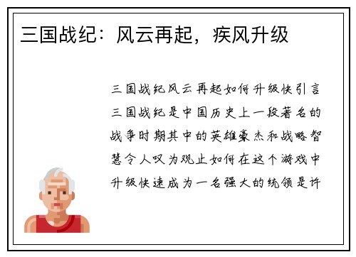 三国战纪：风云再起，疾风升级